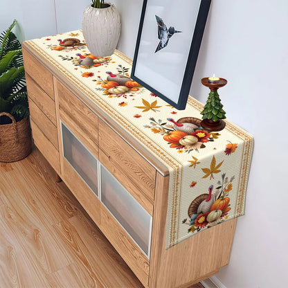 Decorative table runner with autumn theme on a wooden console table.