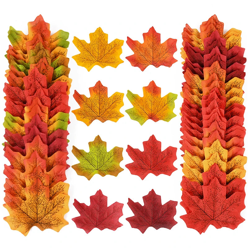 Stacks of colorful artificial leaves on a white background