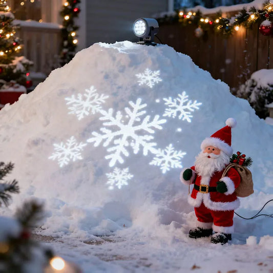 Santa Claus figure in front of a snow-covered landscape with illuminated snowflakes.