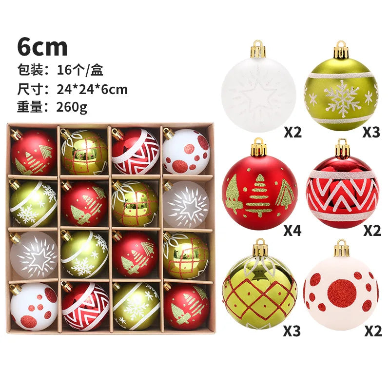 Assorted Christmas ball ornaments in a wooden box with packaging details.