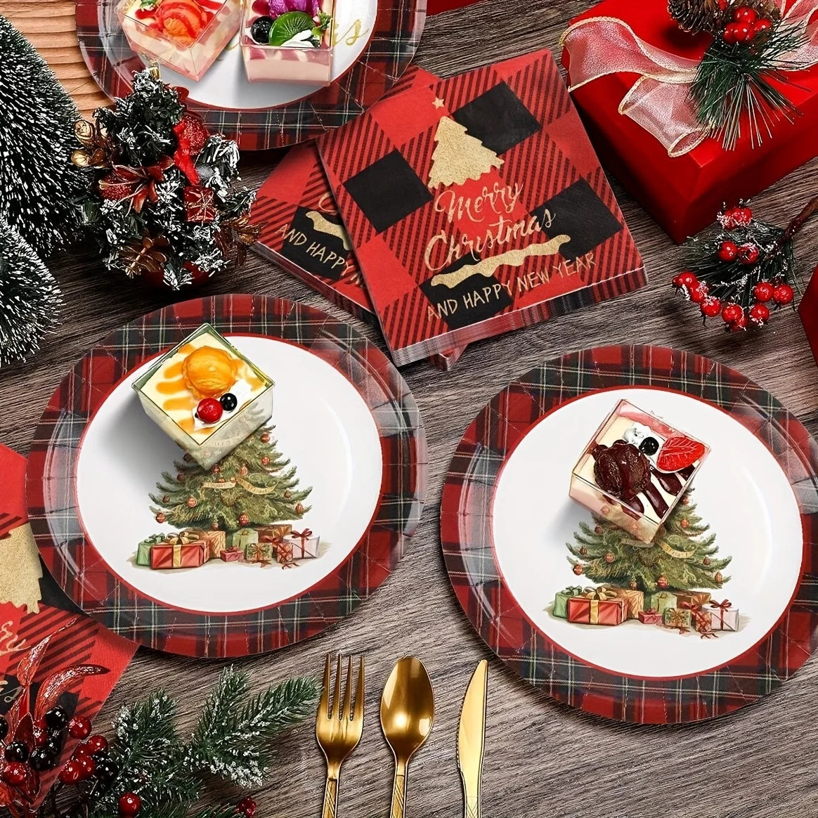 Christmas-themed table setting with plaid plates, napkins, and desserts on a wooden table.