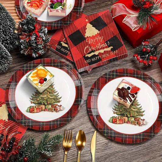 Christmas-themed table setting with plaid plates, napkins, and desserts on a wooden table.