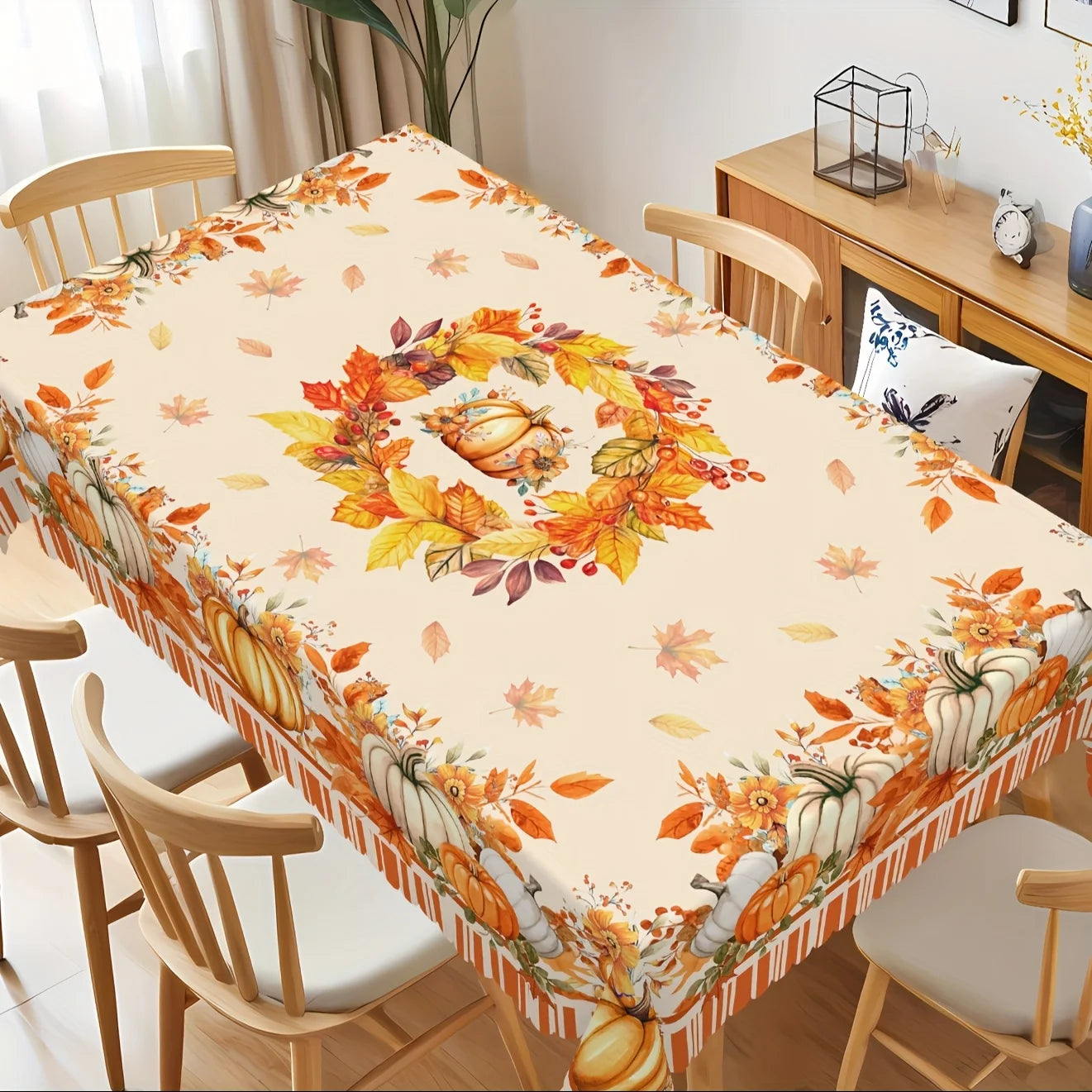 Tablecloth with autumn design featuring pumpkins and leaves on a dining table.