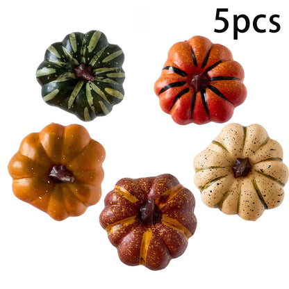Five decorative pumpkins in different colors on a white background with '5pcs' text.