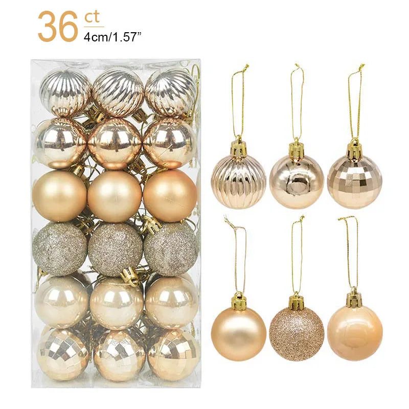 Packaged Christmas ornaments with gold, silver, and bronze colors on a white background.