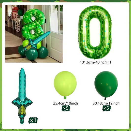 Minecraft creeper balloon in an 8 and 0 and diamond sword balloon and green balloons with white background.