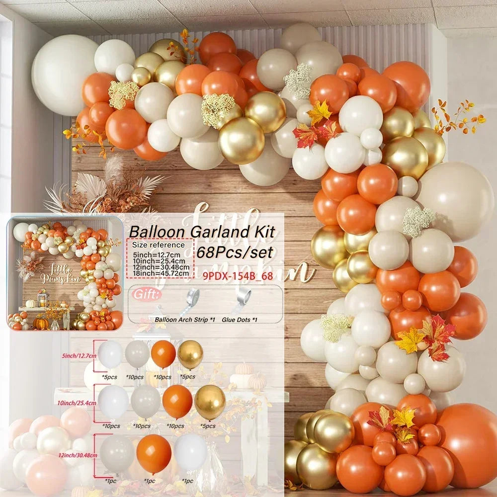 Balloon Garland Kit with orange, gold, and white balloons in a decorative arch.