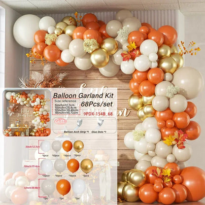 Balloon Garland Kit with orange, gold, and white balloons in a decorative arch.