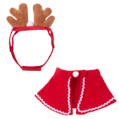 Red pet outfit with reindeer antlers and skirt on a white background