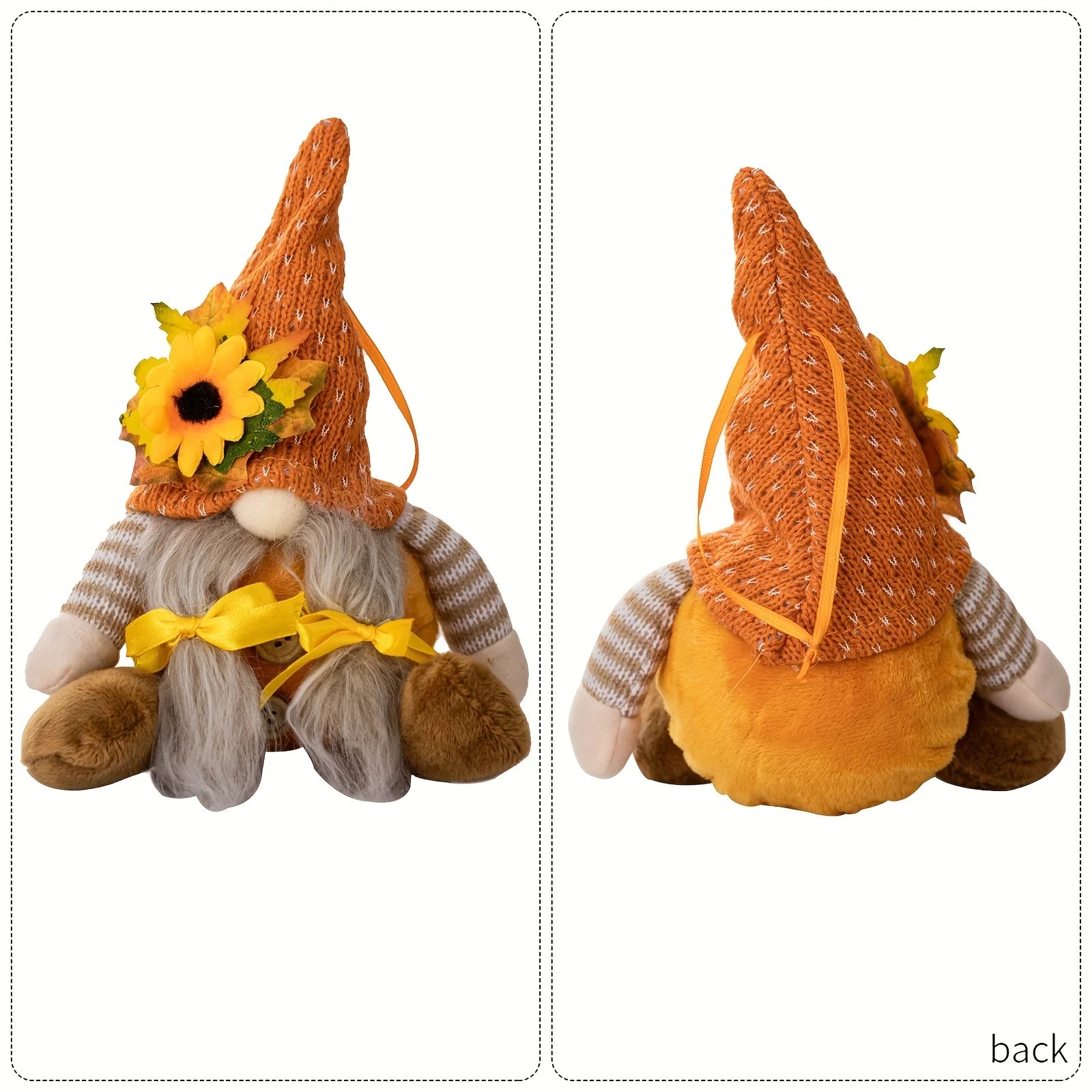 Two views of a plush gnome with a sunflower hat on a white background