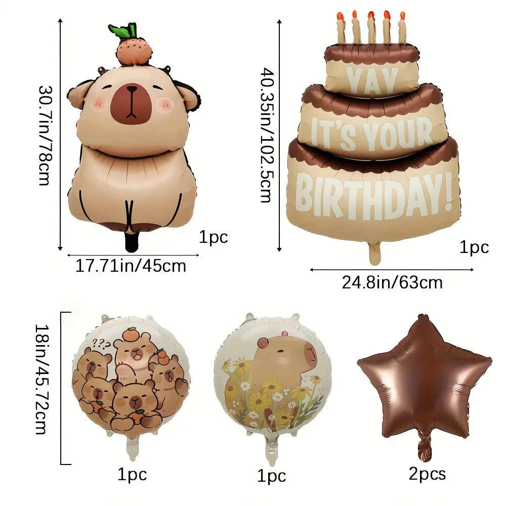 Set of birthday-themed capybara balloons with dimensions displayed