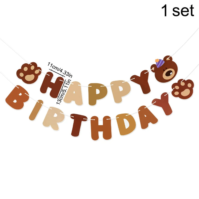 Brown 'Happy Birthday' banner with bear design on a white background