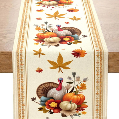 Decorative table runner with Thanksgiving-themed design featuring turkeys, pumpkins, and leaves on a wooden surface.