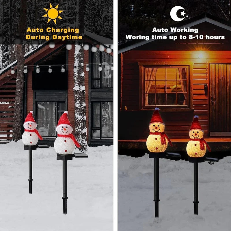 Two snowman lights on stakes in front of a cabin, one during daytime auto-charging and the other at night auto-working.