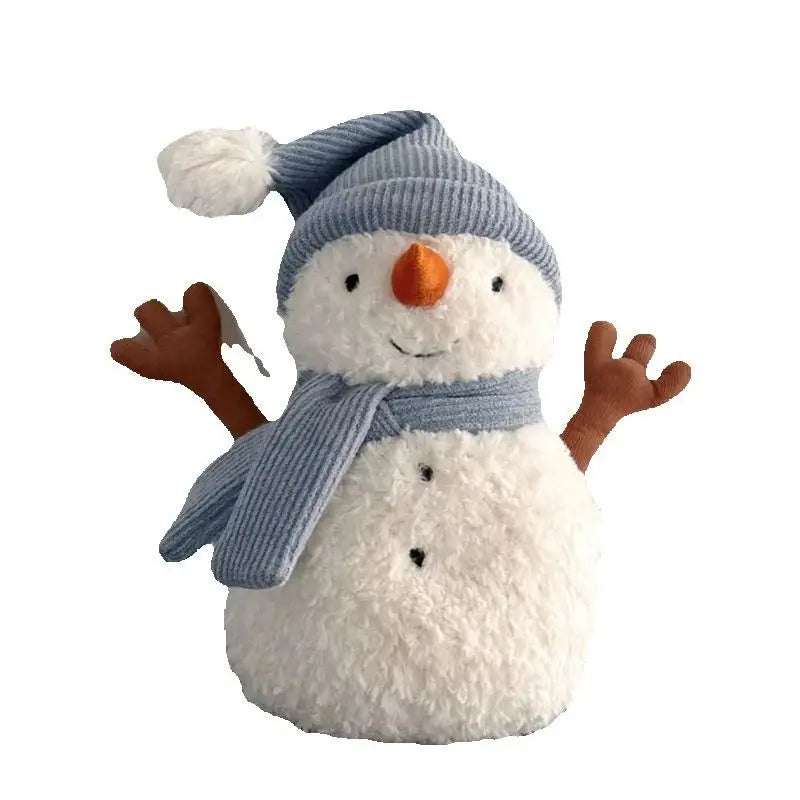 Plush snowman toy with a blue hat and scarf on a white background