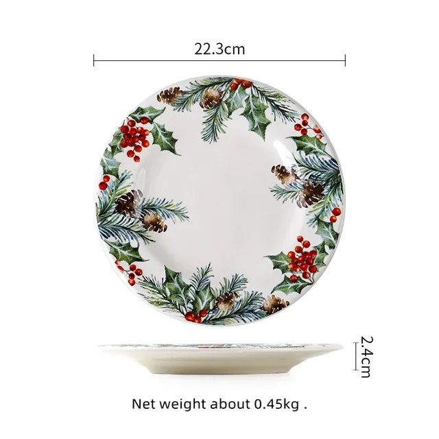 Decorative plate with holly design and measurements on a white background