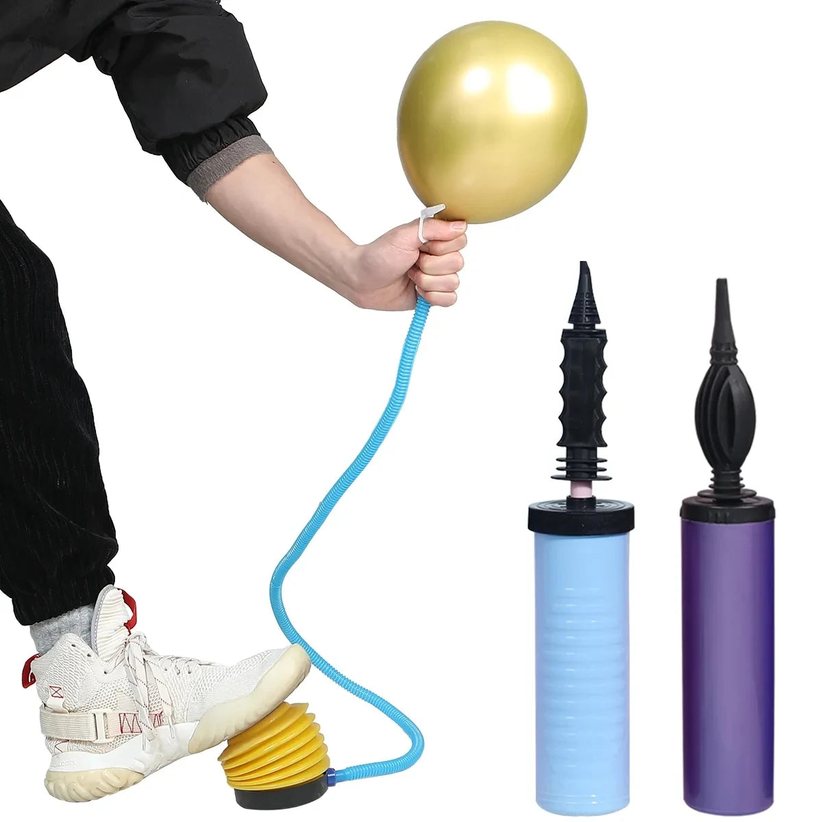Person inflating a gold balloon with a blue pump, next to two other pumps, one blue and one purple.