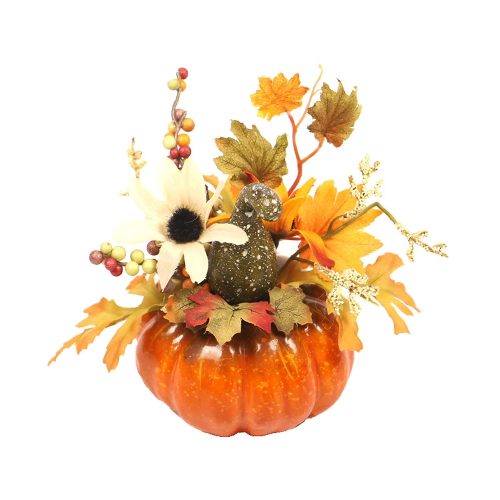 Decorative pumpkin with autumn leaves and flowers on a white background