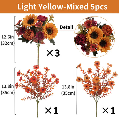 Set of light yellow-mixed artificial flowers with measurements and details.