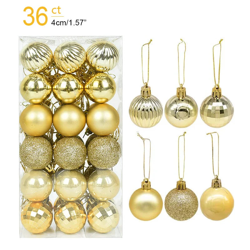 Gold Christmas ornaments with packaging and hanging examples on a white background