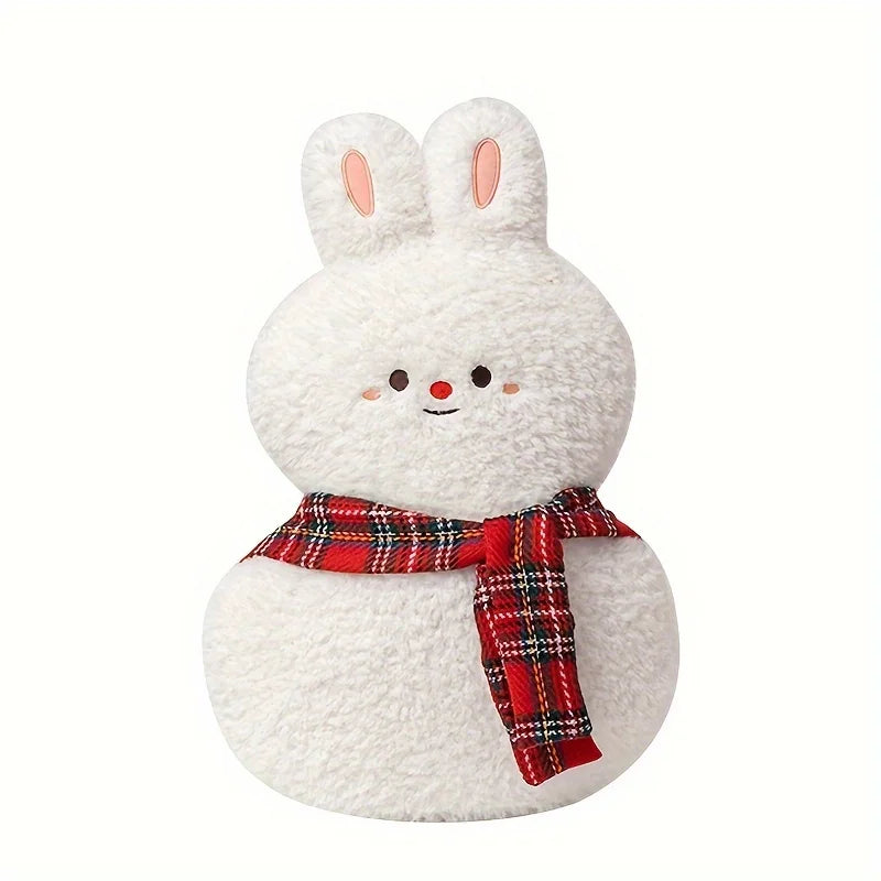 White plush toy with a red plaid scarf on a white background