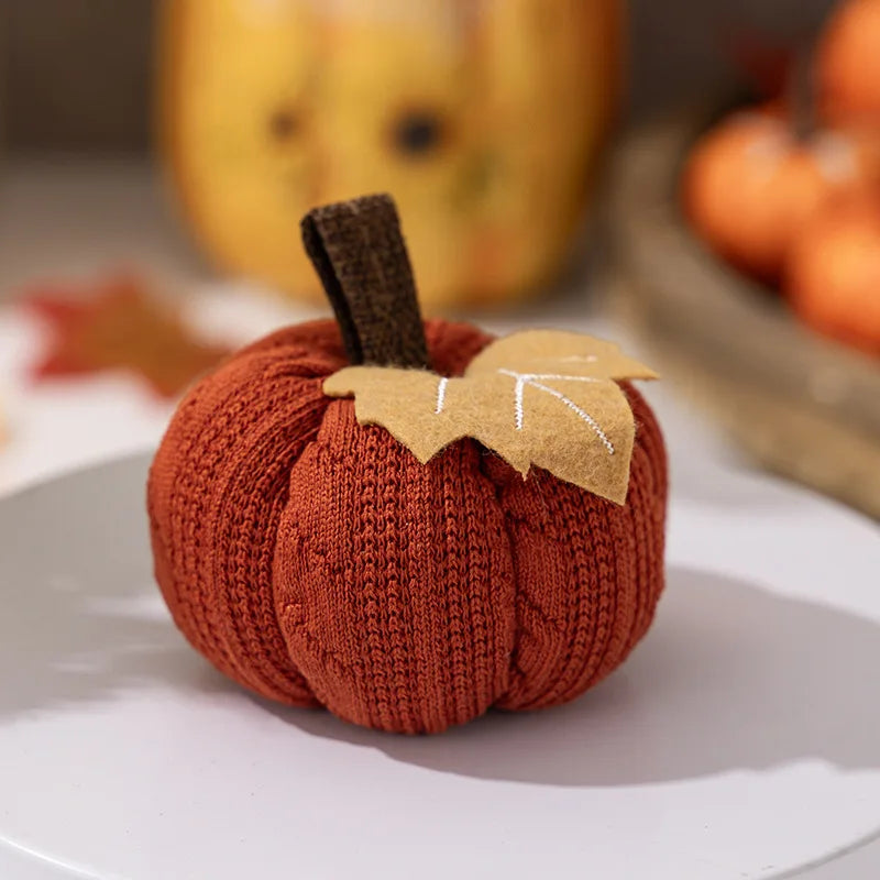 Knitted pumpkin decoration on a white plate with pumpkins in the background