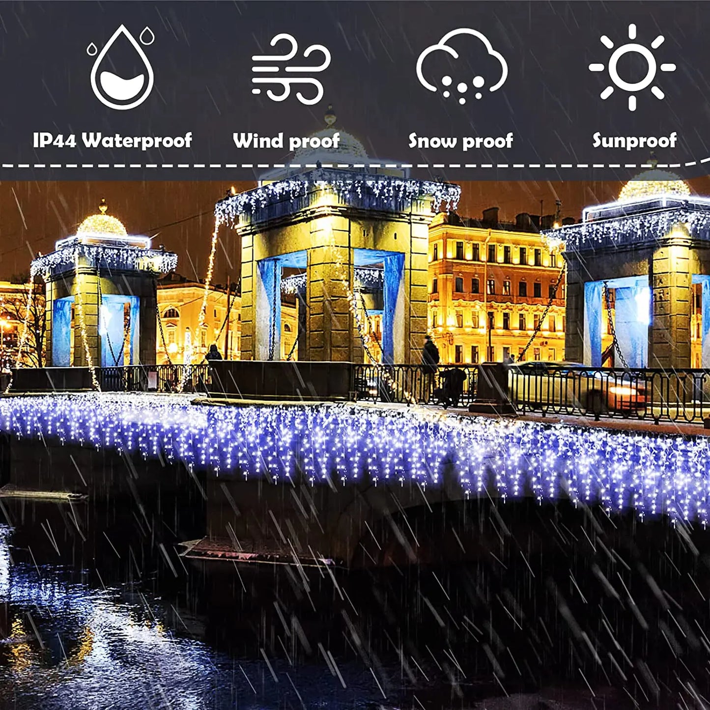 Decorative fountain with LED lights in a cityscape at night, featuring weather resistance icons.