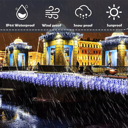 Decorative fountain with LED lights in a cityscape at night, featuring weather resistance icons.