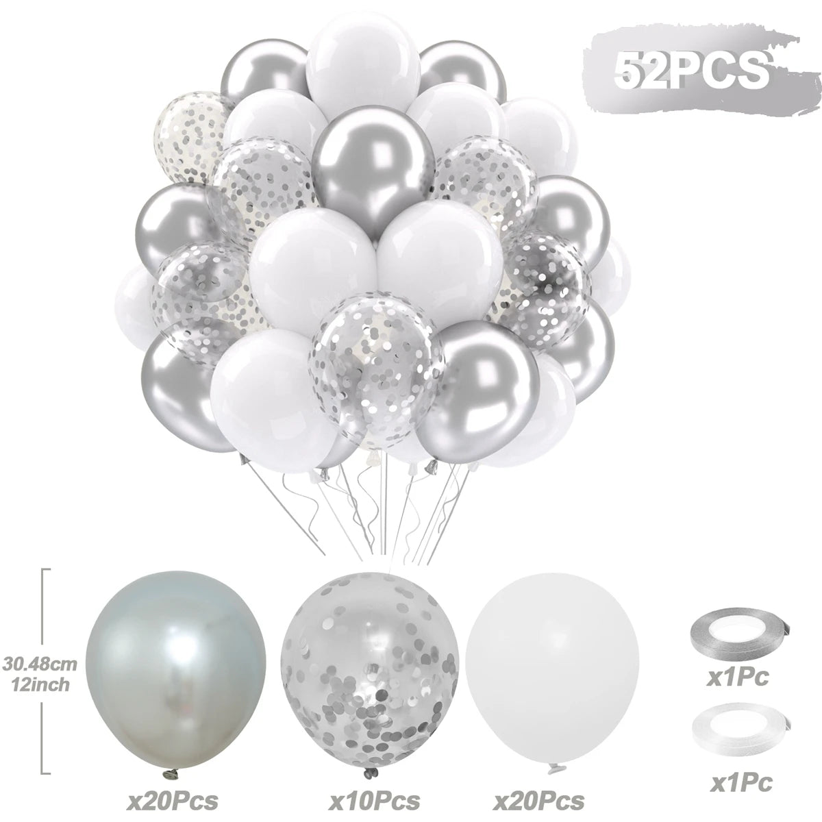 Set of 52 silver, white, and confetti balloons with measurements and quantity details.