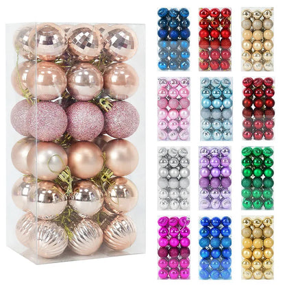 Assorted Christmas ball ornaments in various colors and finishes, with a clear box packaging.