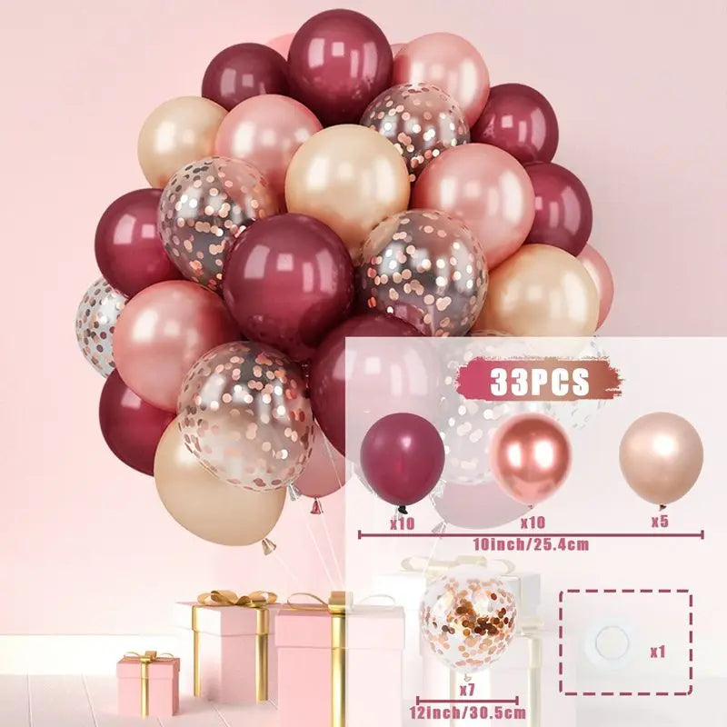 Set of 33 pink, gold, and rose gold balloons with confetti on a pink background.