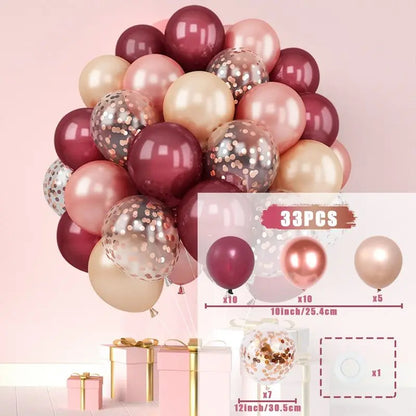 Set of 33 pink, gold, and rose gold balloons with confetti on a pink background.