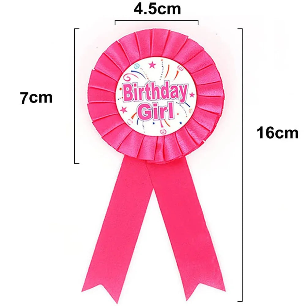 Pink ribbon with 'Birthday Girl' text and measurements on a white background
