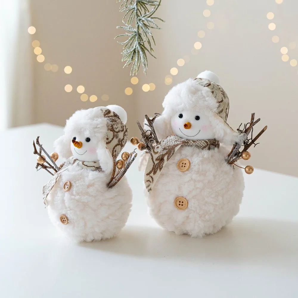 Two decorative snowmen with buttons and branches against a soft background with lights.