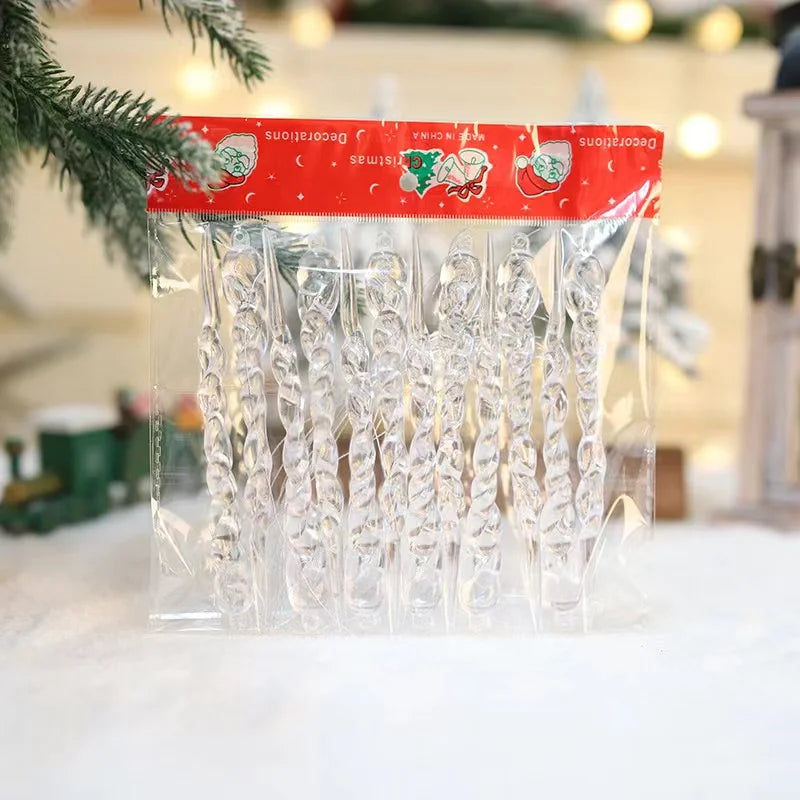Clear decorative icicle ornaments in a package with a red label on a blurred festive background
