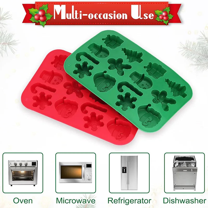 Two silicone molds, one red and one green, with Christmas-themed shapes on a white background.