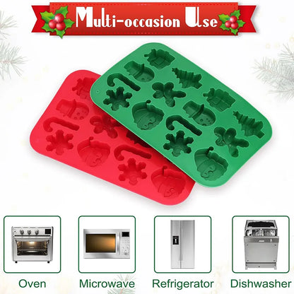 Two silicone molds, one red and one green, with Christmas-themed shapes on a white background.