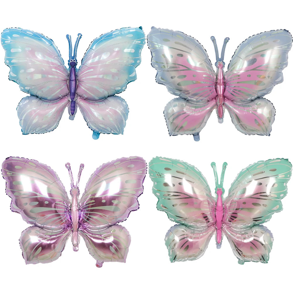 Four colorful butterfly-shaped balloons on a white background