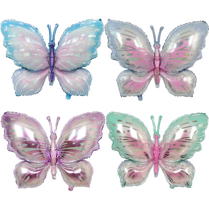 Four colorful butterfly-shaped balloons on a white background