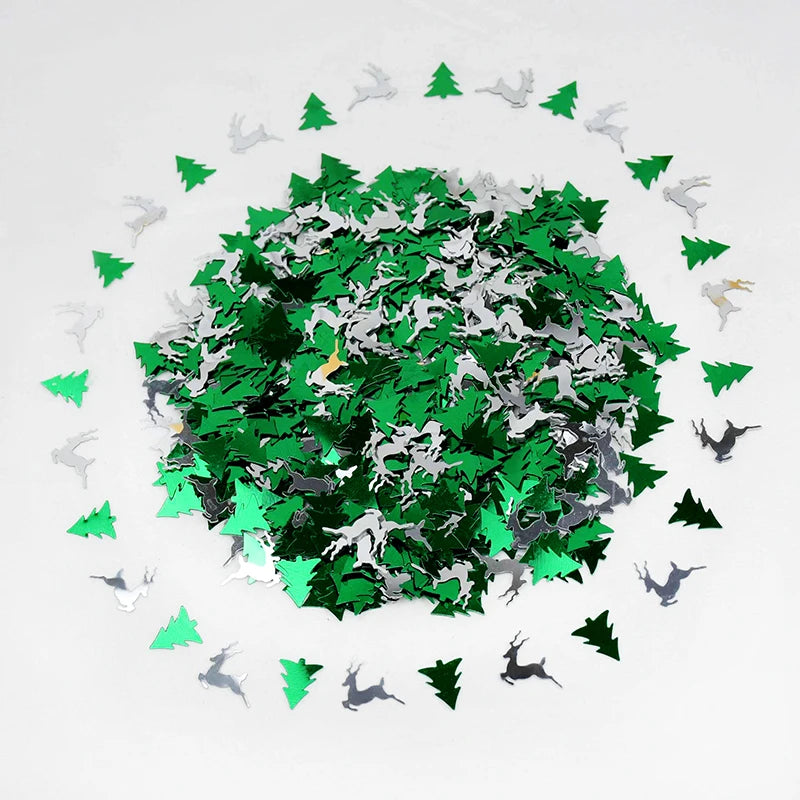 Confetti with green trees and white animals on a white background