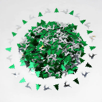 Confetti with green trees and white animals on a white background