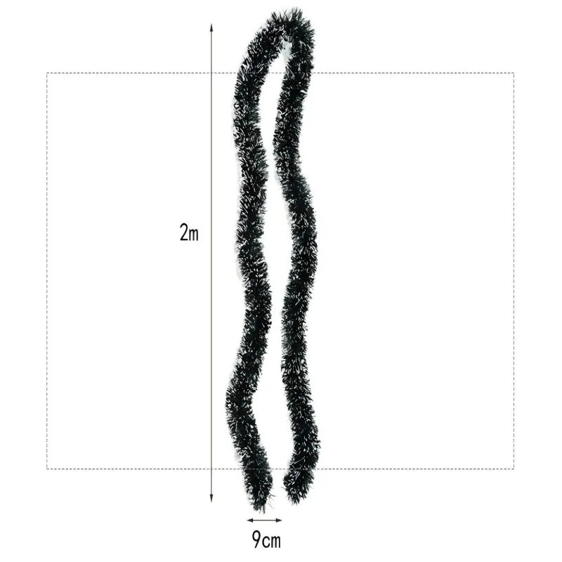 Black tinsel garland with measurements on a white background