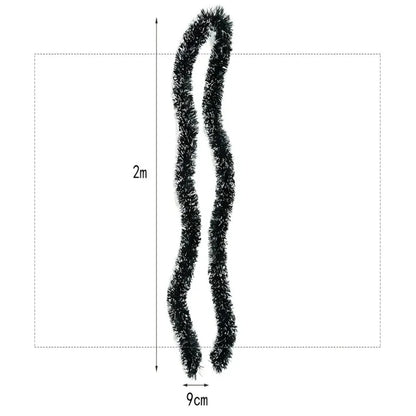 Black tinsel garland with measurements on a white background