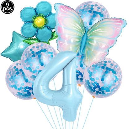 Set of colorful balloons including a butterfly, flower, and number shapes on a white background.