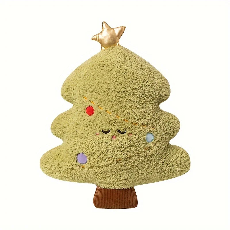 Plush toy shaped like a Christmas tree with a star on top, lights, and a brown trunk on a white background.