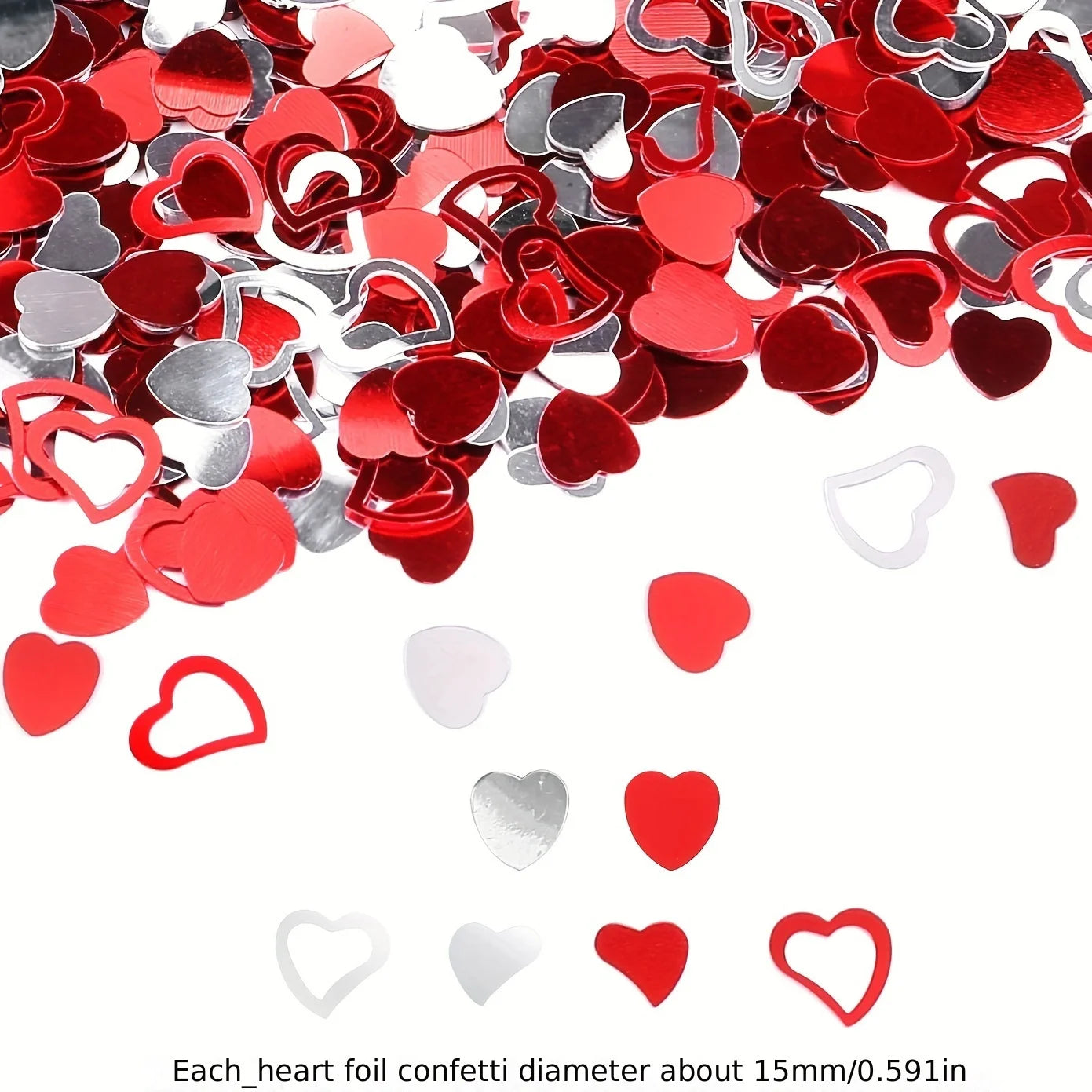 Red, silver, and white heart-shaped foil confetti on a white background.