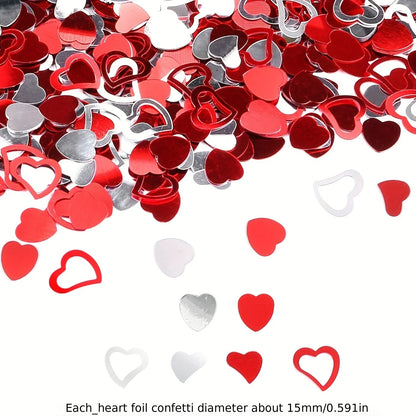 Red, silver, and white heart-shaped foil confetti on a white background.