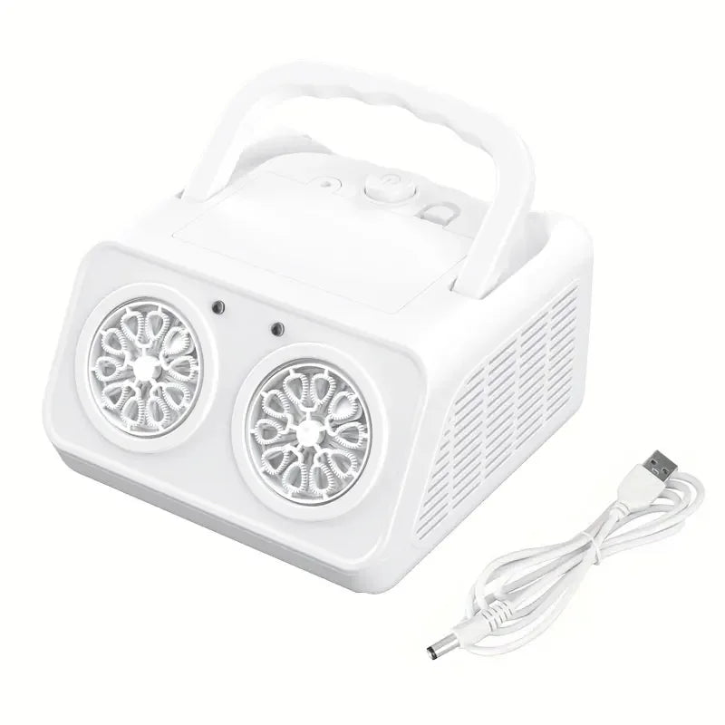 White electronic device with two circular components and a USB cable on a white background