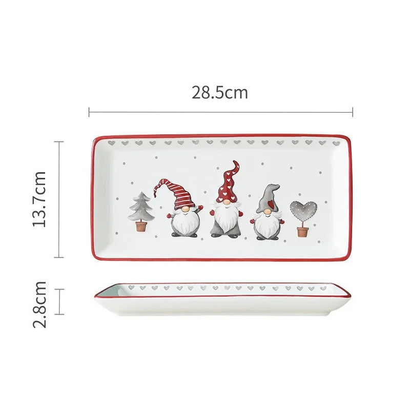 Rectangular ceramic tray with Christmas-themed design and measurements on a white background