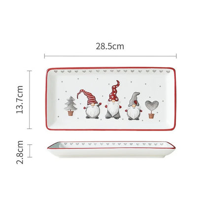 Rectangular ceramic tray with Christmas-themed design and measurements on a white background